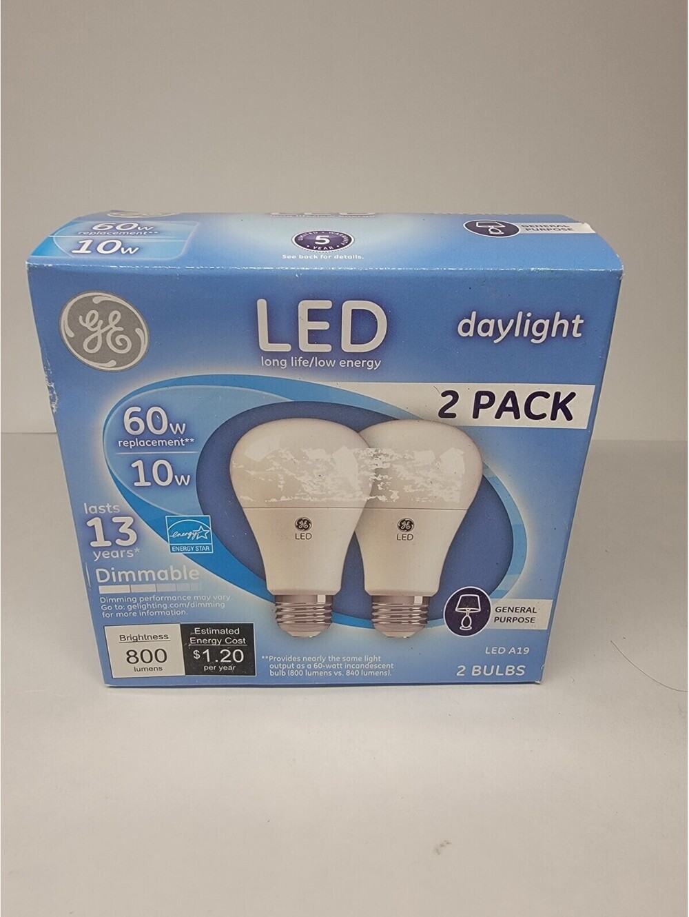 2 GE Lighting Dimmable LED Daylight Light Bulb 10-Watt 60 W replacement